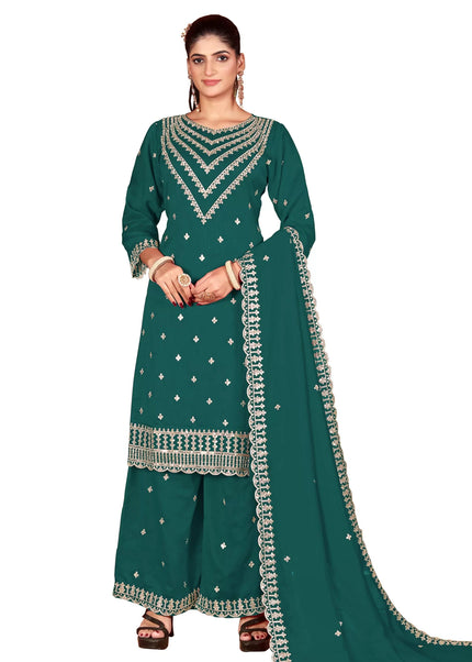 Green Embroidered Palazzo Suit