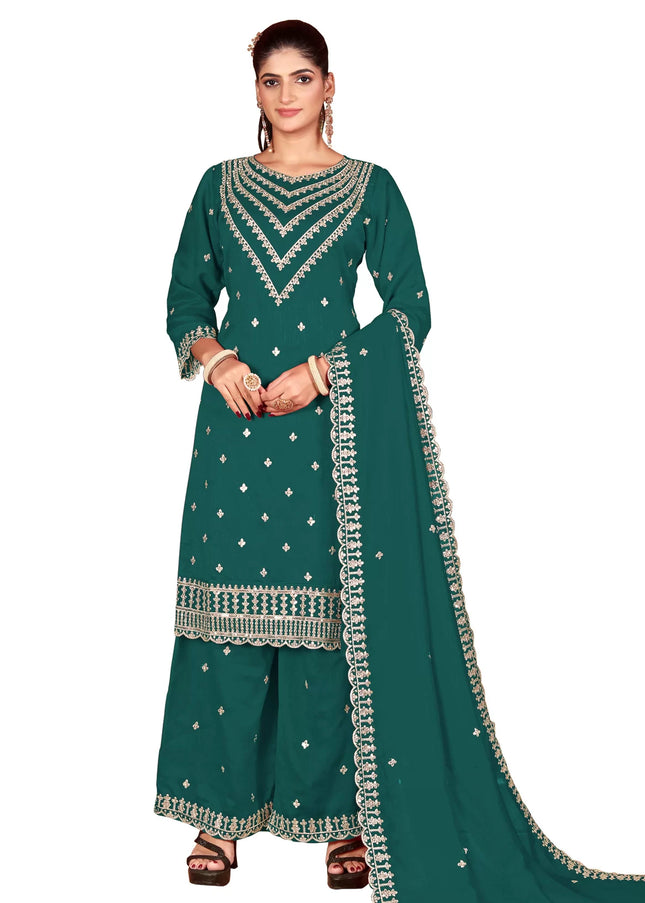 Green Embroidered Palazzo Suit