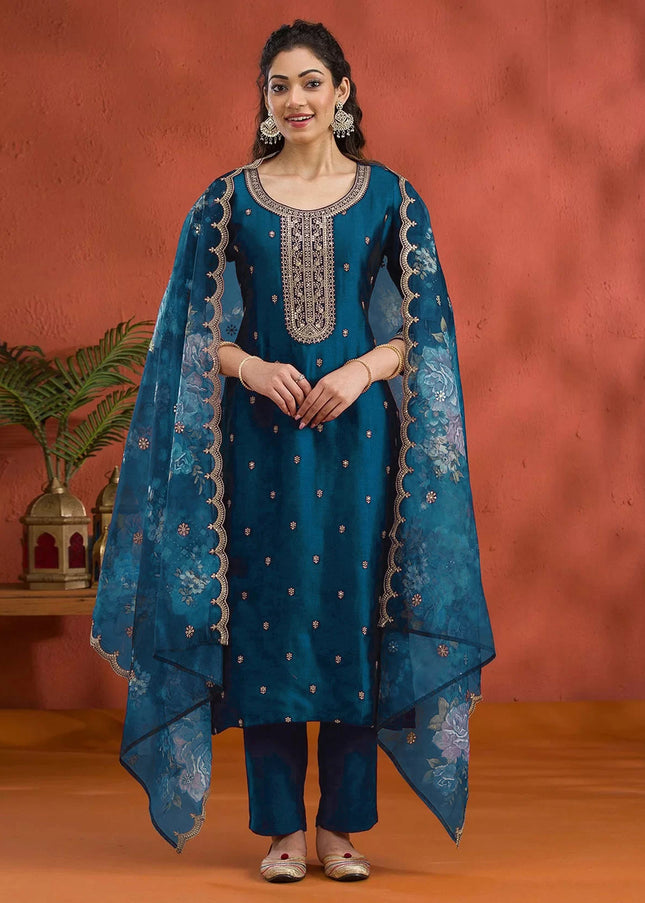 Teal Embroidered Pant Suit