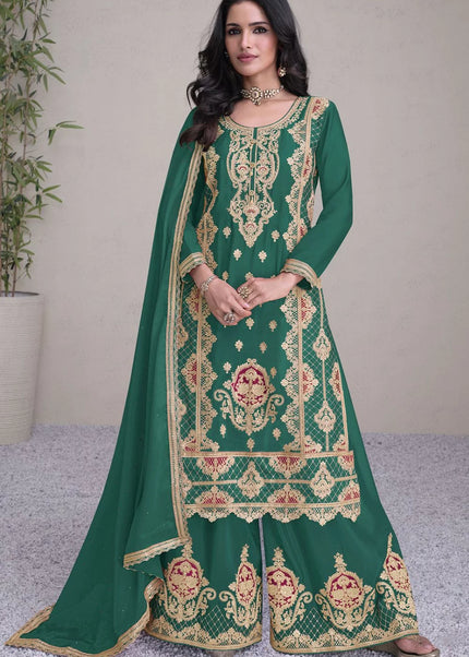 Green Embroidered Palazzo Suit