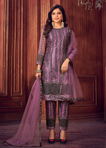 Light Purple Embroidered Pant Style Suit