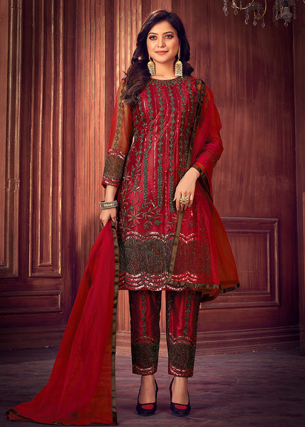 Red Embroidered Pant Style Suit