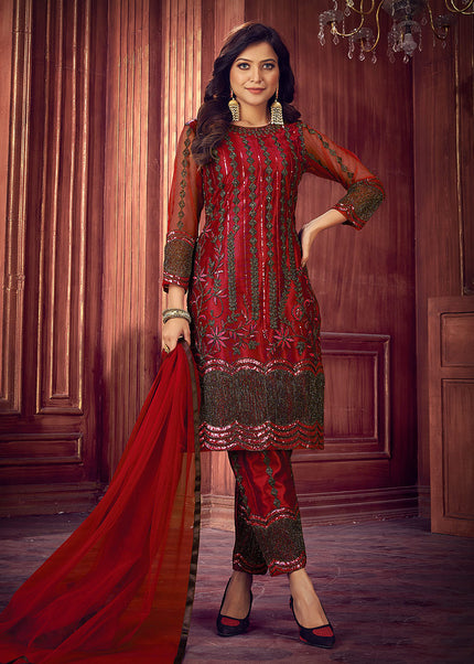 Red Embroidered Pant Style Suit