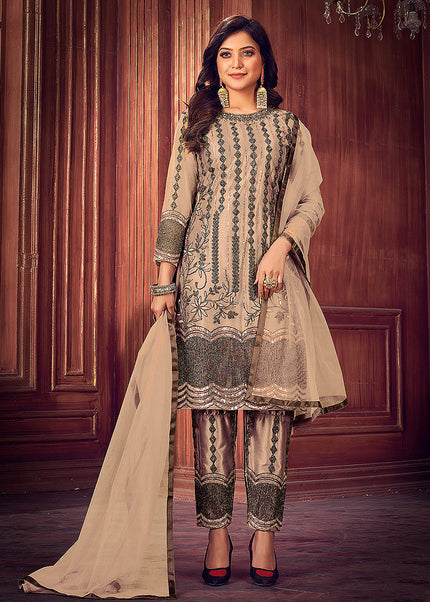 Beige Embroidered Pant Style Suit