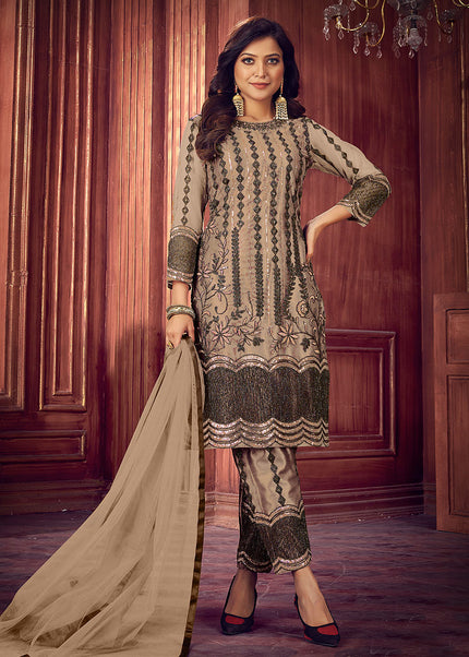 Beige Embroidered Pant Style Suit