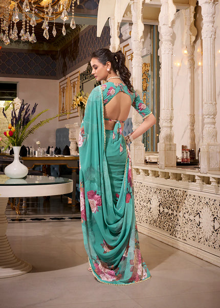 Turquoise Floral Printed Saree