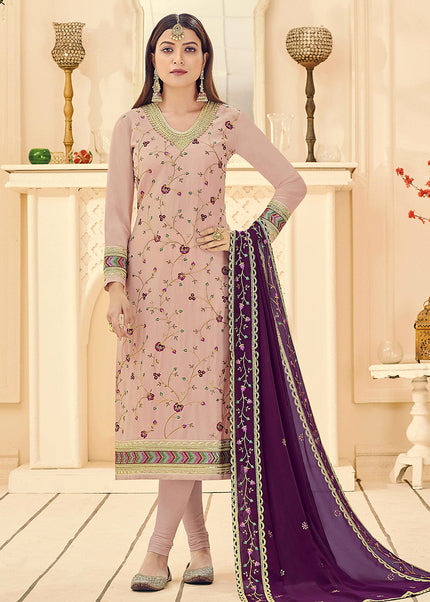 Light Pink and Purple Embroidered Straight Suit