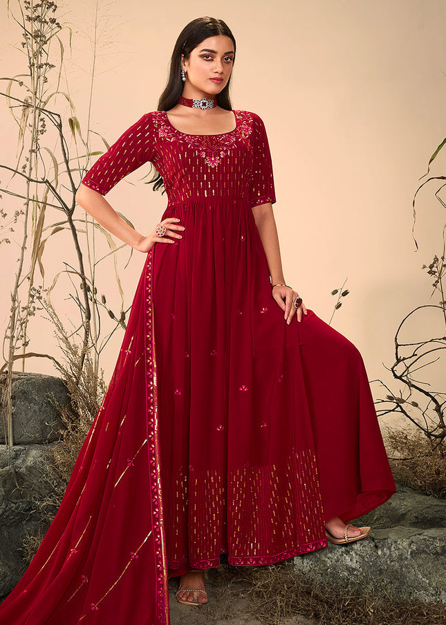 Maroon Embroidered Palazzo Suit