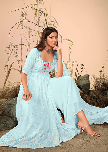 Sky Blue Embroidered Palazzo Suit