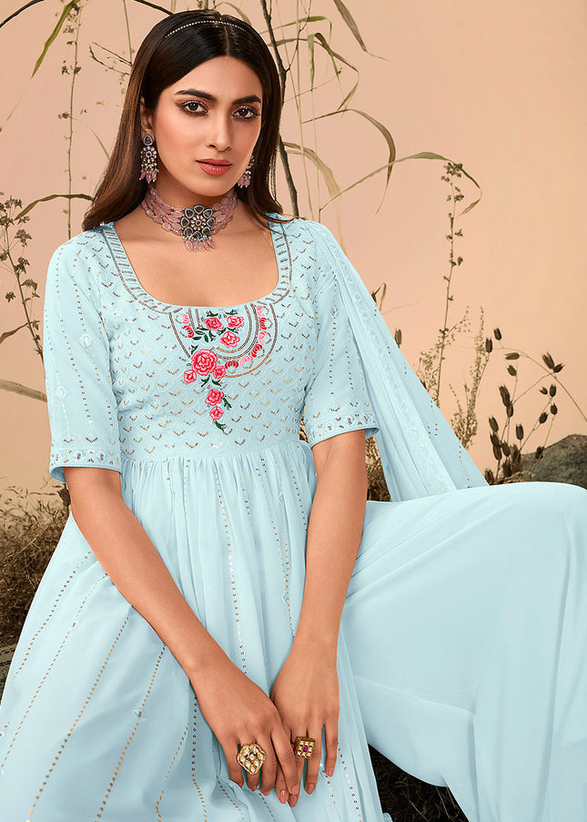 Sky Blue Embroidered Palazzo Suit