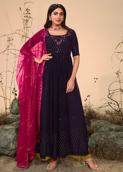 Purple Embroidered Palazzo Suit