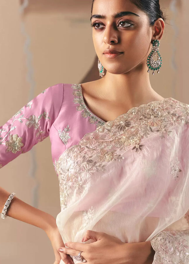 Pink and Offwhite Embroidered Festive Saree
