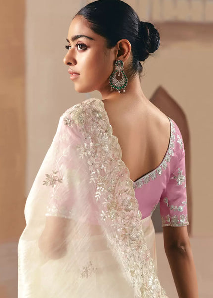 Pink and Offwhite Embroidered Festive Saree