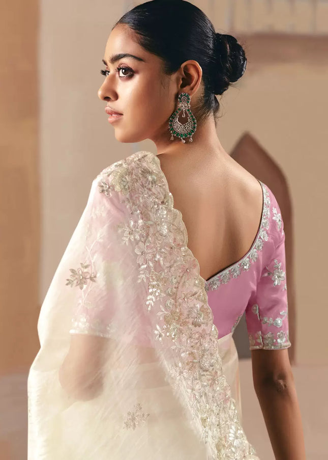 Pink and Offwhite Embroidered Festive Saree