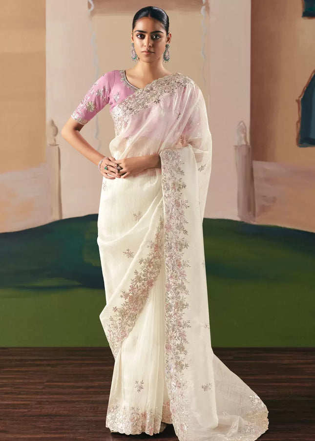 Pink and Offwhite Embroidered Festive Saree