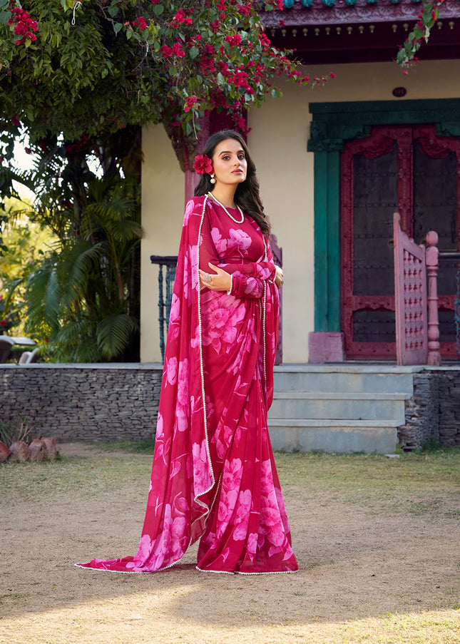 Pink Floral Printed and Embroidered Saree
