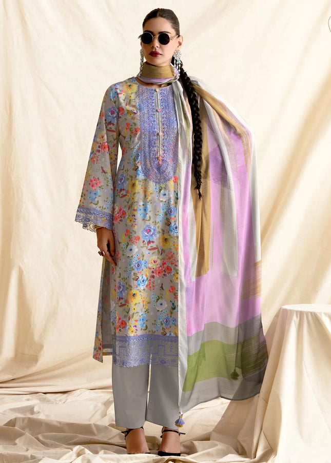 Grey Printed and Embroidered Pant Syle Suit