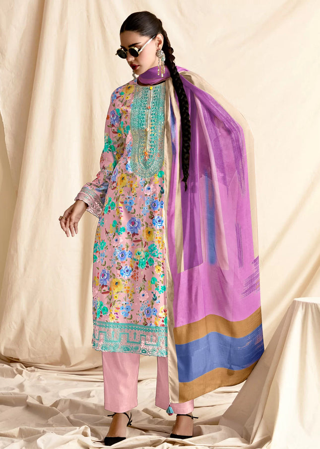 Pink Printed and Embroidered Pant Syle Suit
