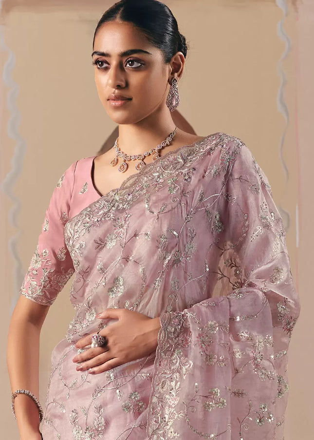 Pink Embroidered Festive Saree