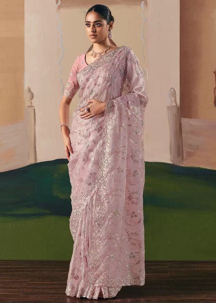 Pink Embroidered Festive Saree