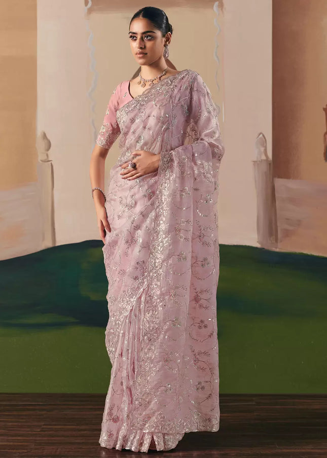 Pink Embroidered Festive Saree