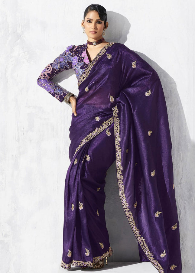 Purple Embroidered Festive Saree