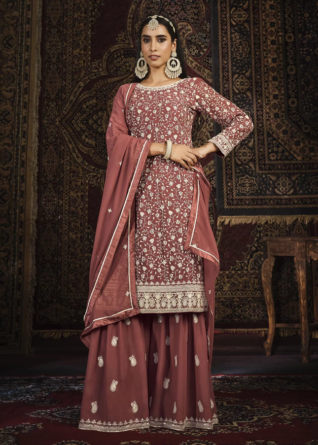Rust Embroidered Gharara Suit