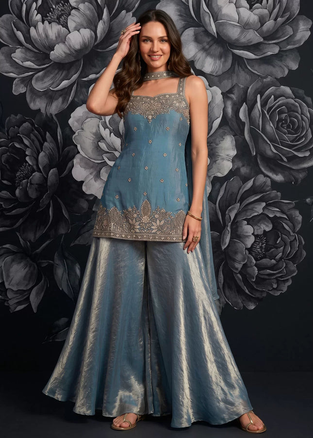 Sky Blue Embroidered Sharara Suit