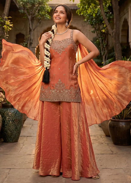 Orange Embroidered Sharara Suit