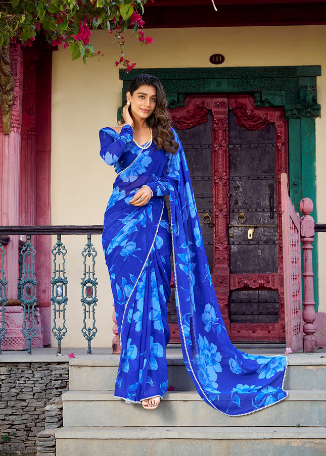 Blue Floral Printed and Embroidered Saree
