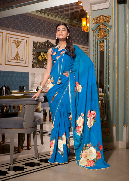 Blue Floral Printed Saree