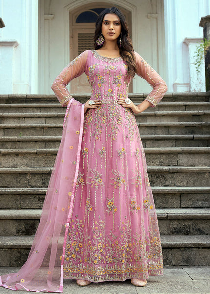 Pink and Gold Embroidered Anarkali