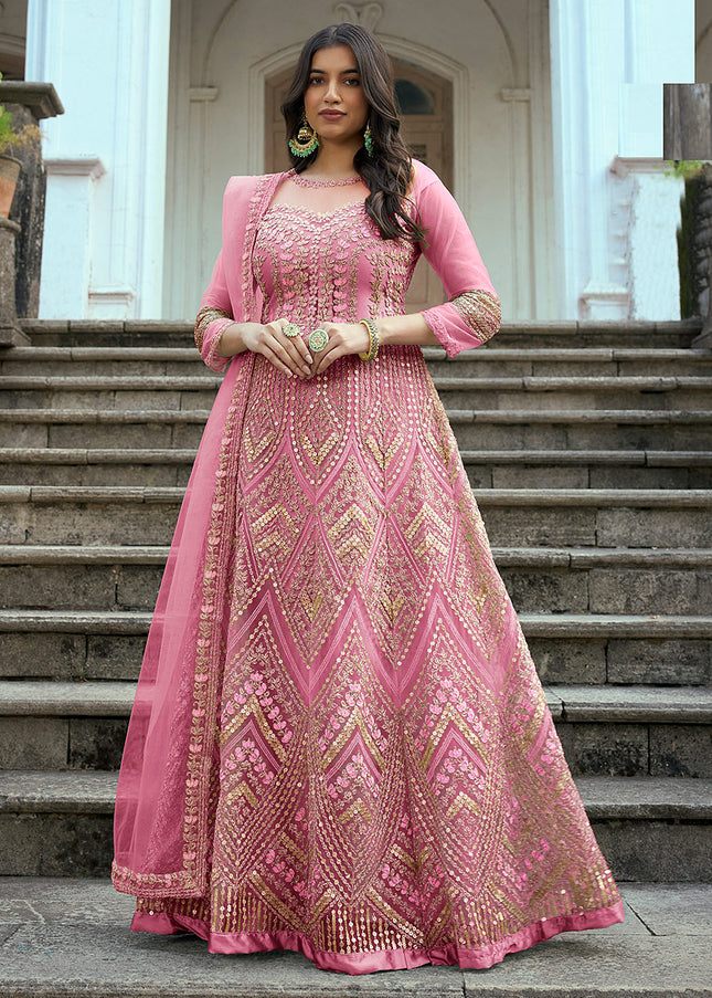 Pink and Gold Embroidered Anarkali