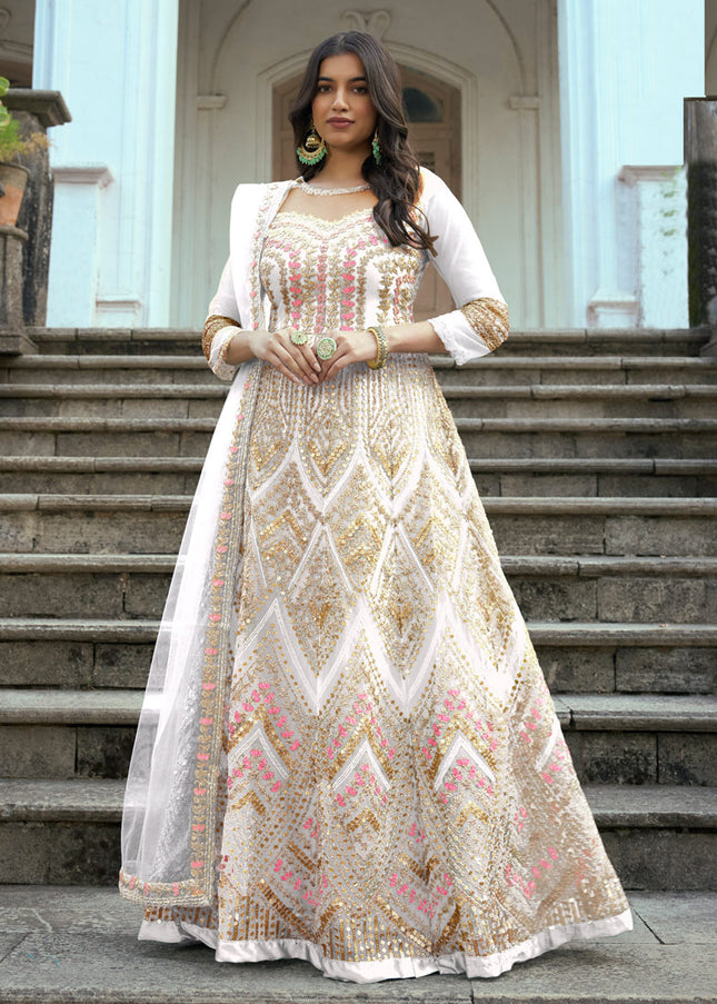 White and Gold Embroidered Anarkali