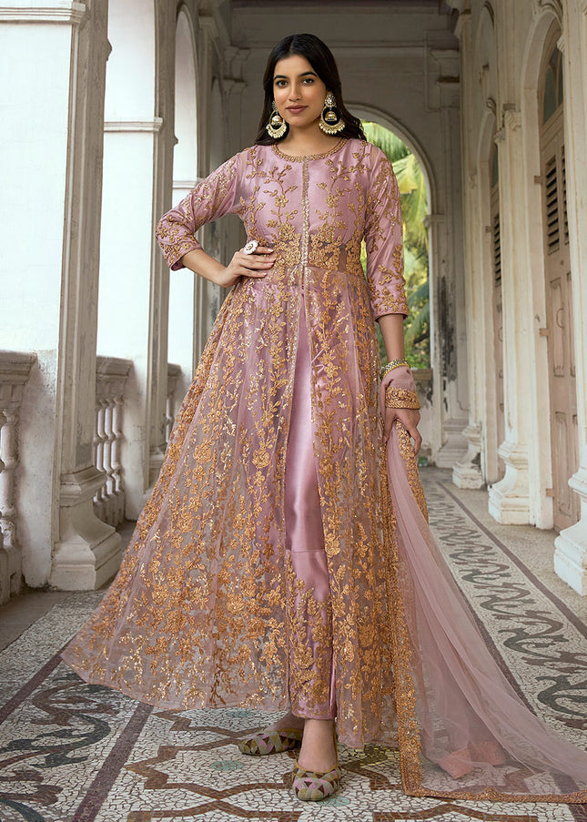 Purplish Pink and Gold Embroidered Pant Style Anarkali