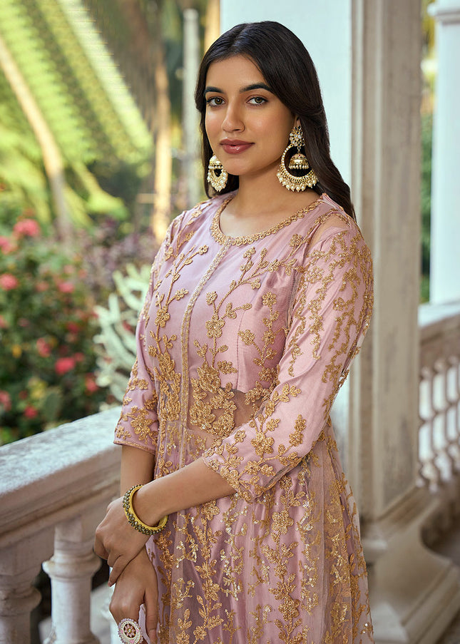 Purplish Pink and Gold Embroidered Pant Style Anarkali