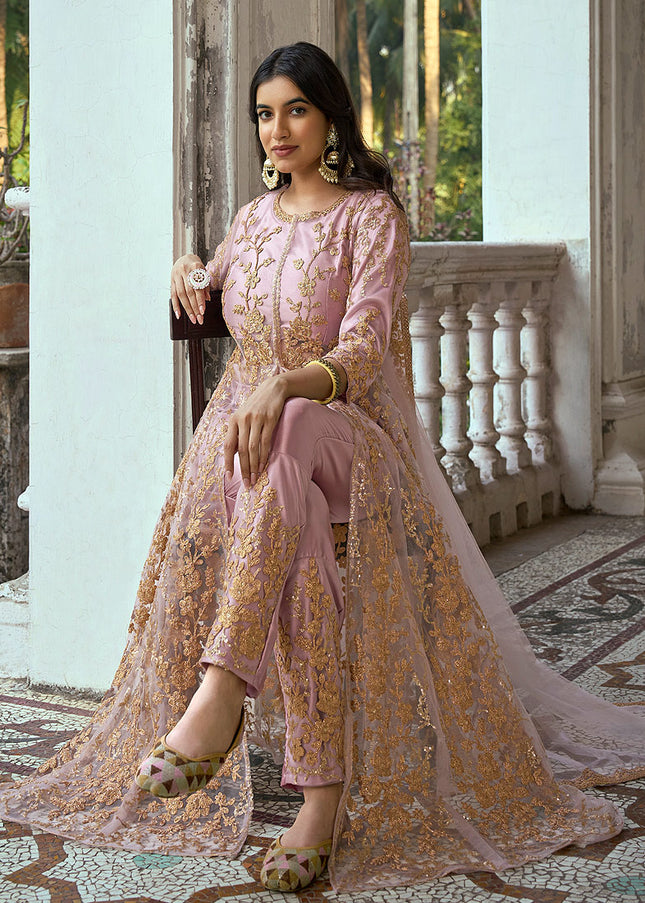Purplish Pink and Gold Embroidered Pant Style Anarkali