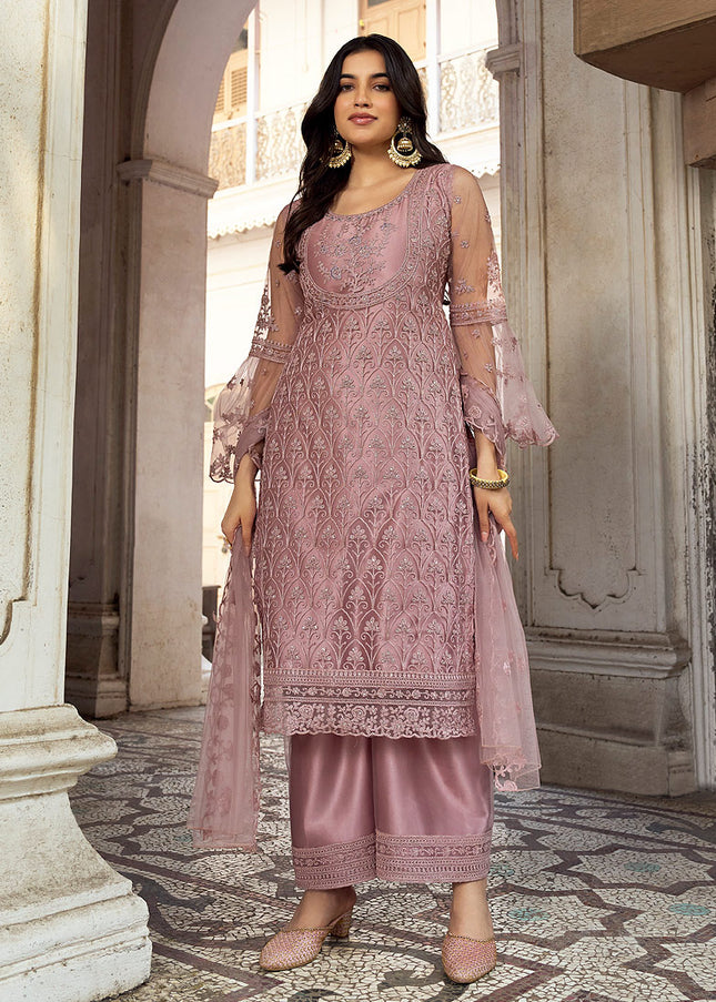 Purplish Pink Embroidered Pant Style Suit