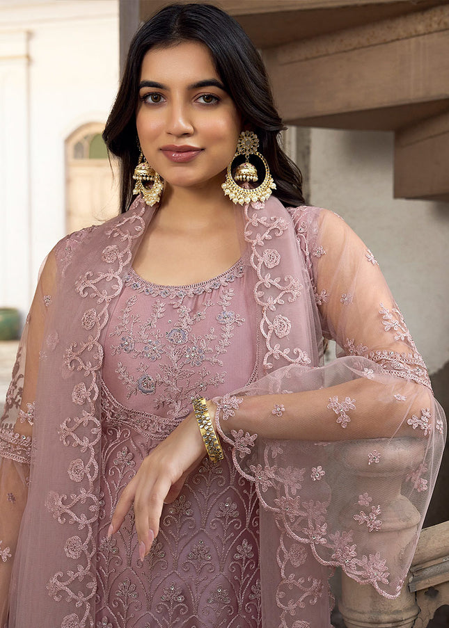 Purplish Pink Embroidered Pant Style Suit