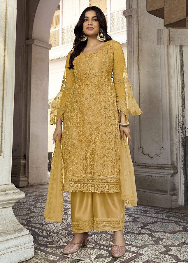 Yellow Embroidered Pant Style Suit