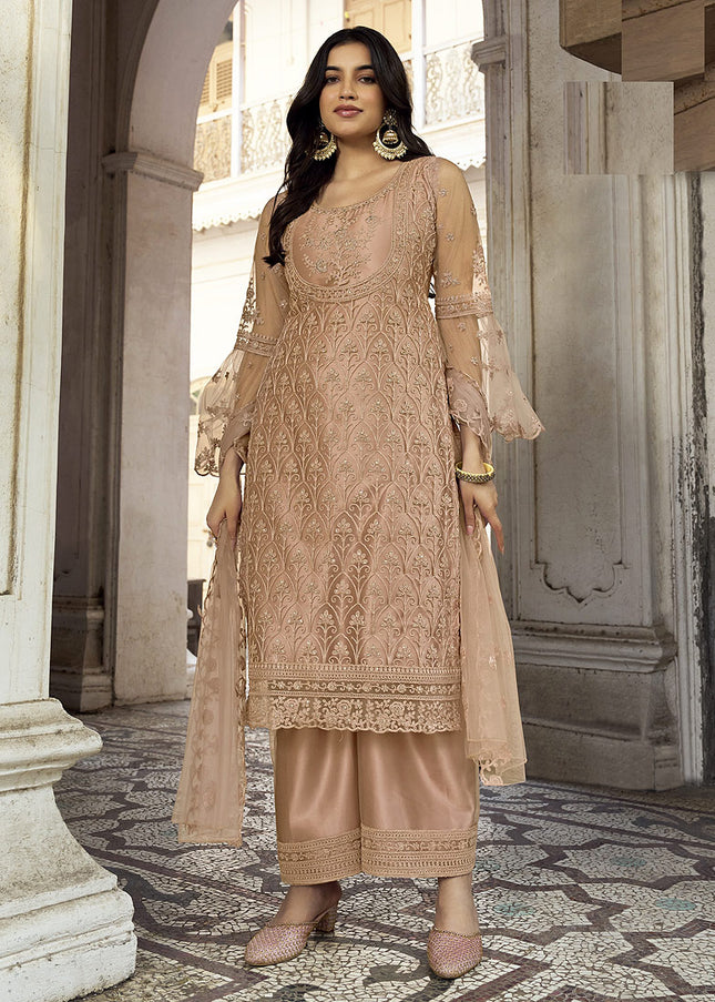 Beige Embroidered Pant Style Suit