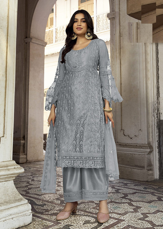 Grey Embroidered Pant Style Suit