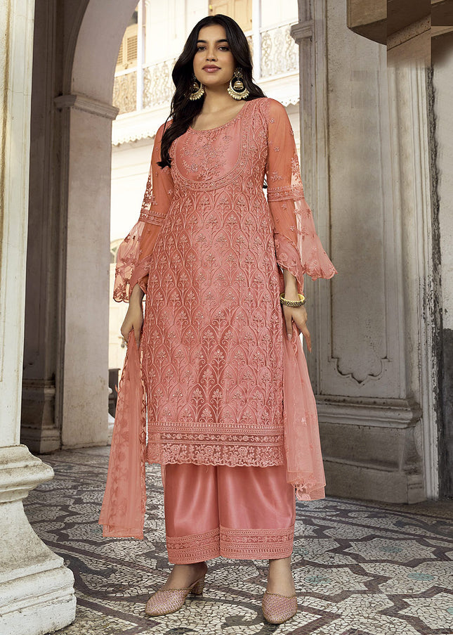 Peach Embroidered Pant Style Suit
