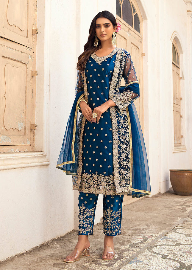Blue and Gold Embroidered Jacket Style Suit