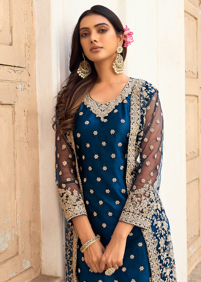 Blue and Gold Embroidered Jacket Style Suit