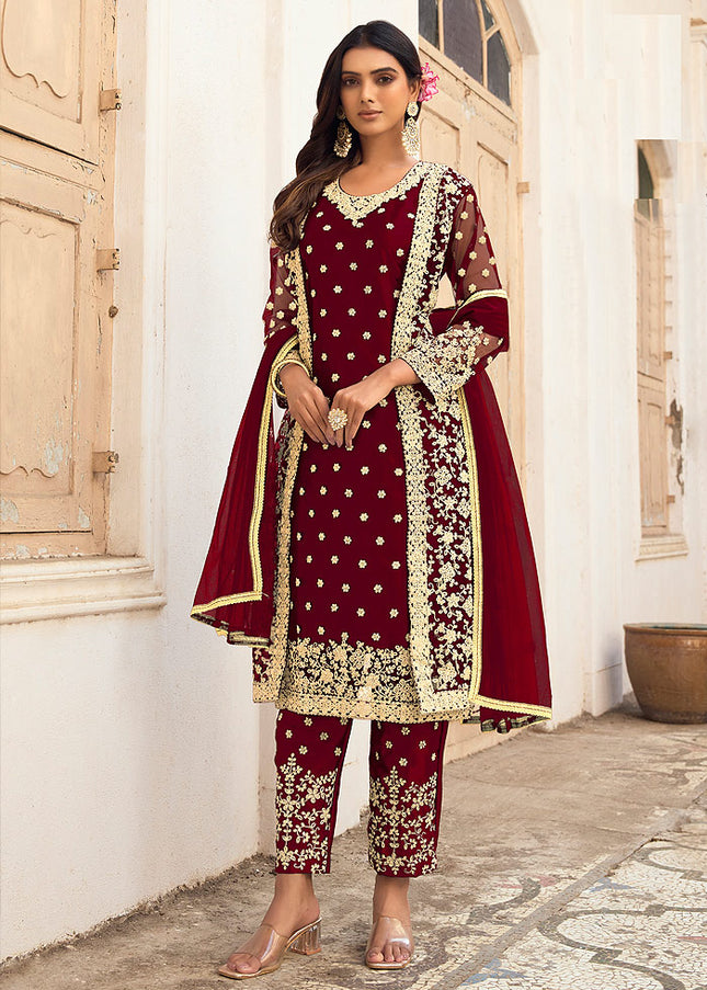 Maroon and Gold Embroidered Jacket Style Suit