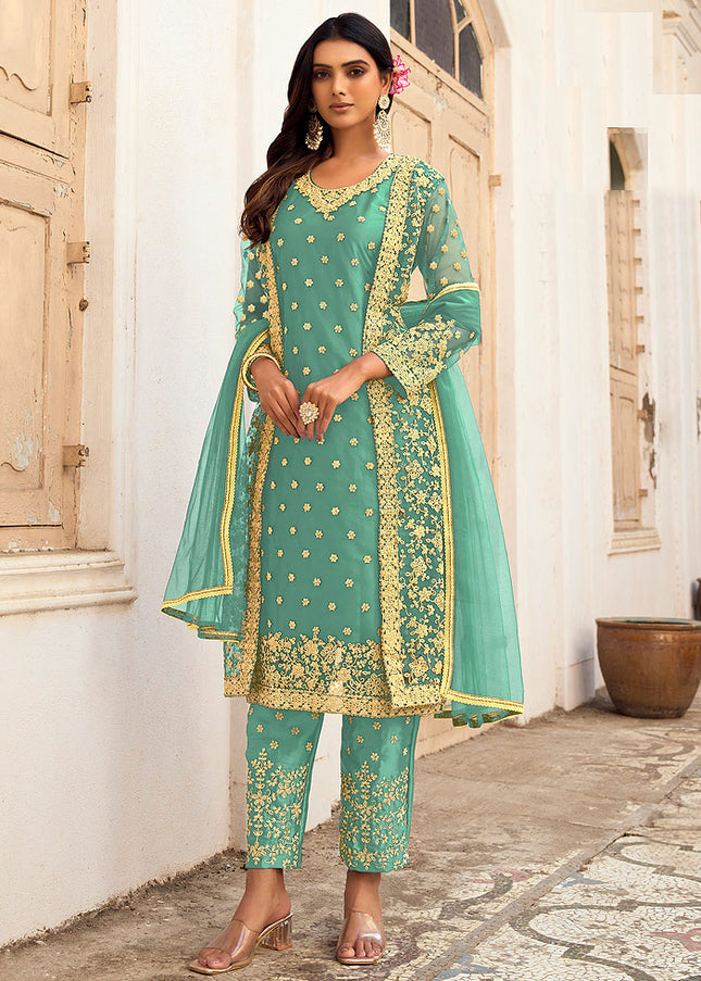 Mint and Gold Embroidered Jacket Style Suit