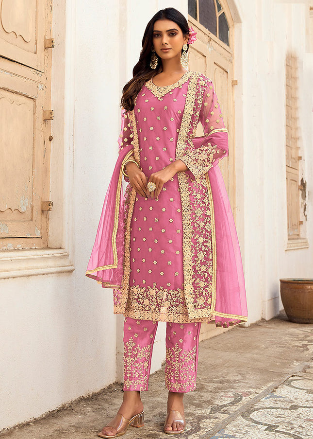 Pink and Gold Embroidered Jacket Style Suit
