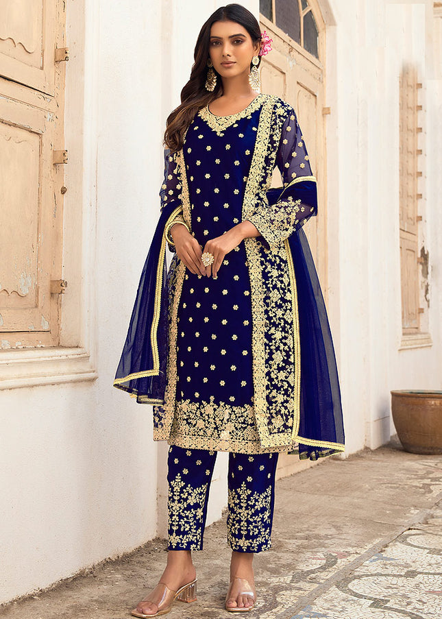 Royal Blue and Gold Embroidered Jacket Style Suit