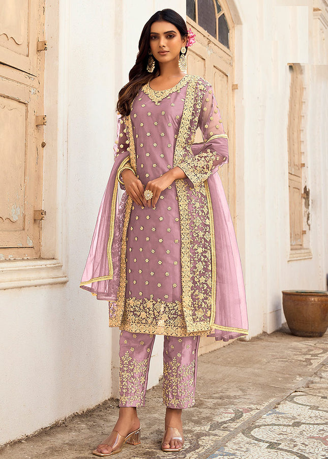 Mauve and Gold Embroidered Jacket Style Suit